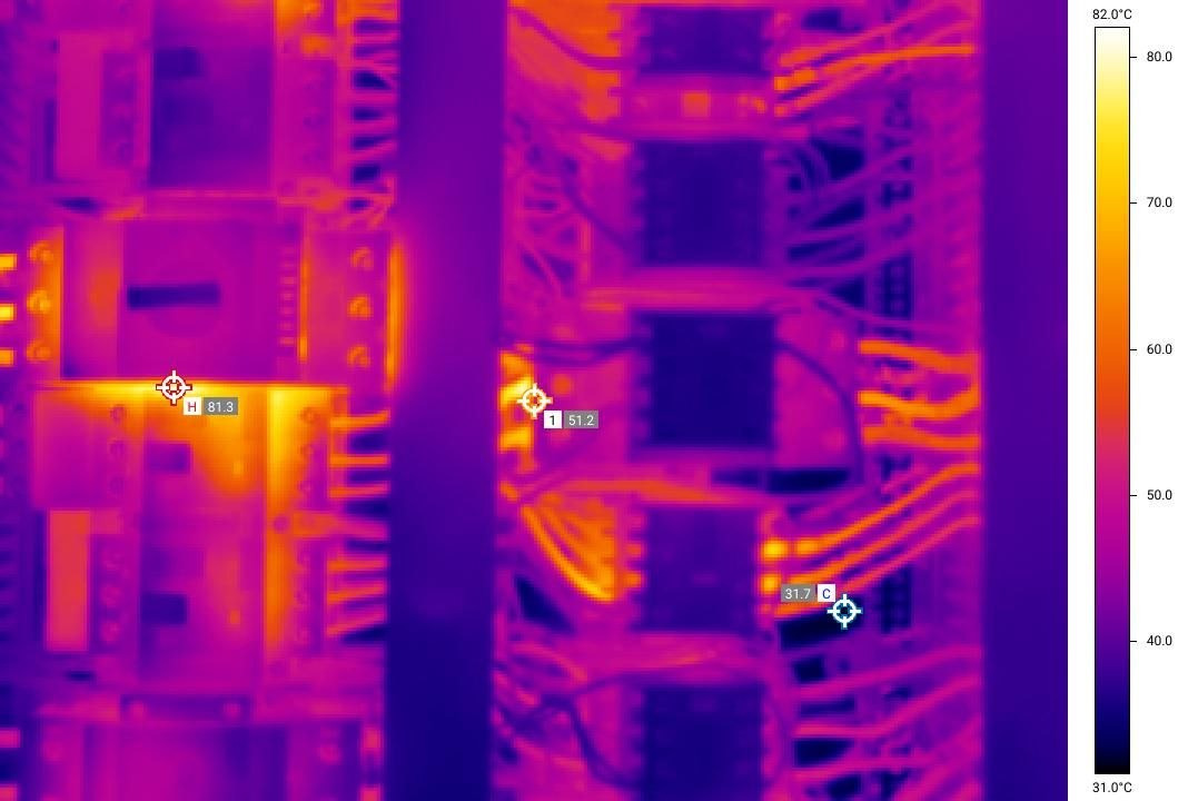 Thermal image of a motor control panel with a hot termination